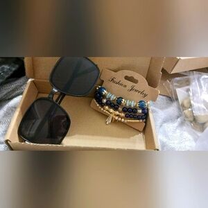 Black Sunglasses and Beaded Bracelet Set